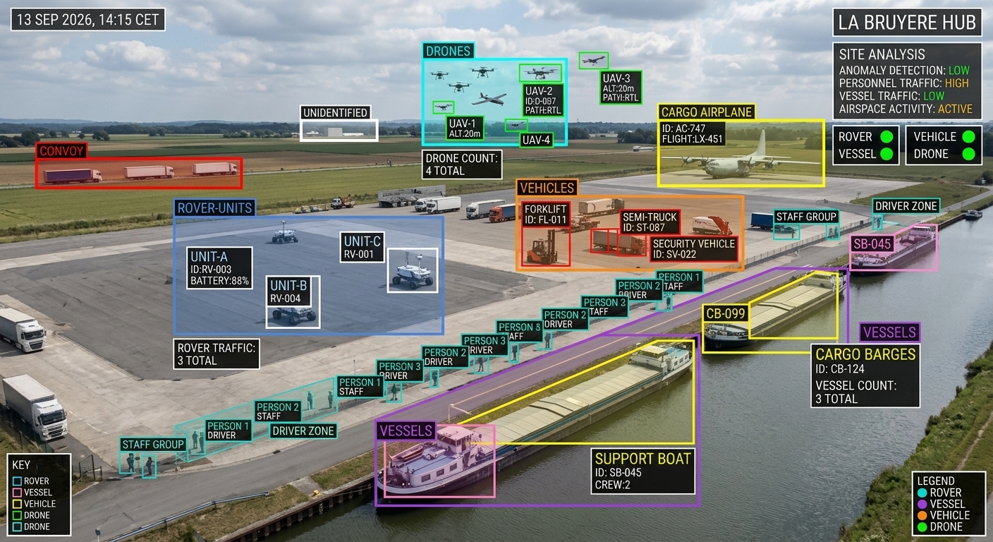 Sortie d'analyse IA sur une vue aérienne de site logistique : drones, véhicules, rovers, barges et personnel détectés et identifiés automatiquement