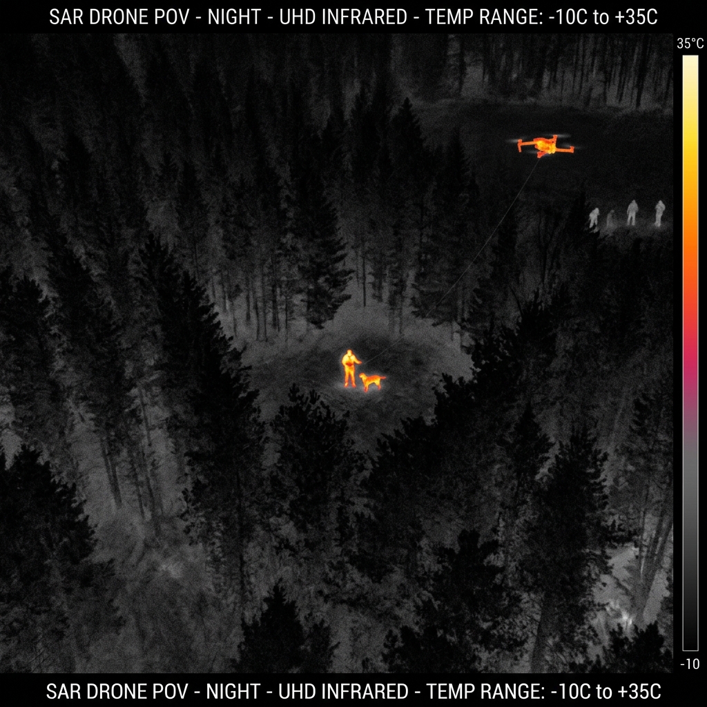 Vue thermique depuis un drone de recherche nocturne : une personne et un chien détectés dans une clairière boisée