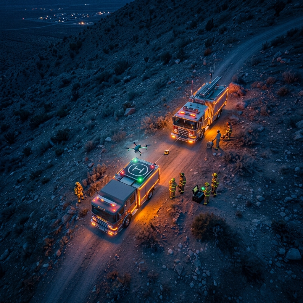 Drone décollant d'une plateforme embarquée sur un véhicule de pompiers, lors d'une intervention nocturne en zone escarpée