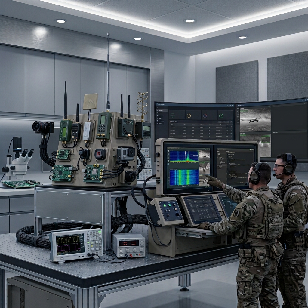 Banc d'essai Futursky — mât multicapteur optique et RF instrumenté, opérateurs suivant les pistes détectées sur analyseur de spectre et flux vidéo