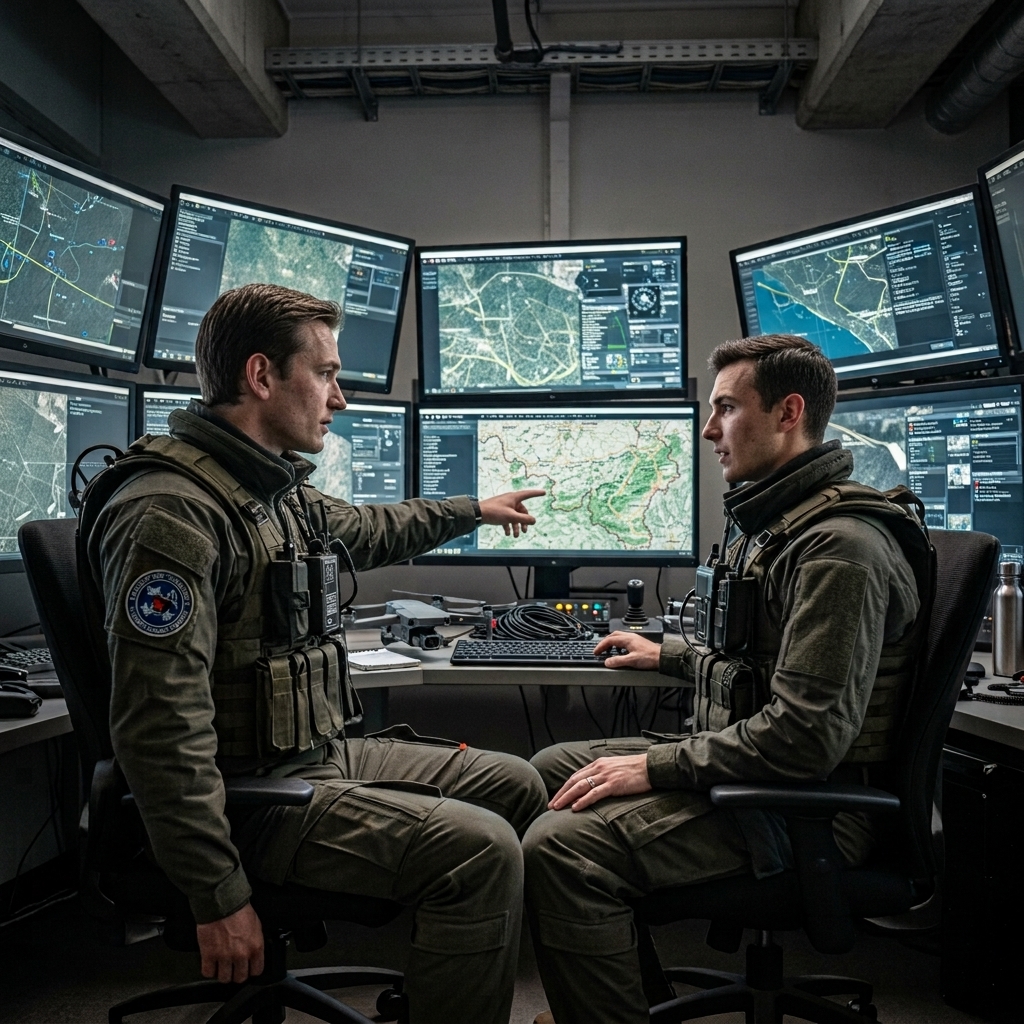 Centre de commandement Futursky — équipage télépilote et opérateur radio coordonnant une mission devant les écrans cartographiques