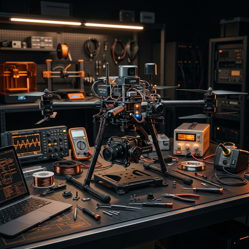 Poste de diagnostic Futursky — multirotor en cours de test entouré d'un oscilloscope, d'une alimentation de laboratoire et d'une station de soudure